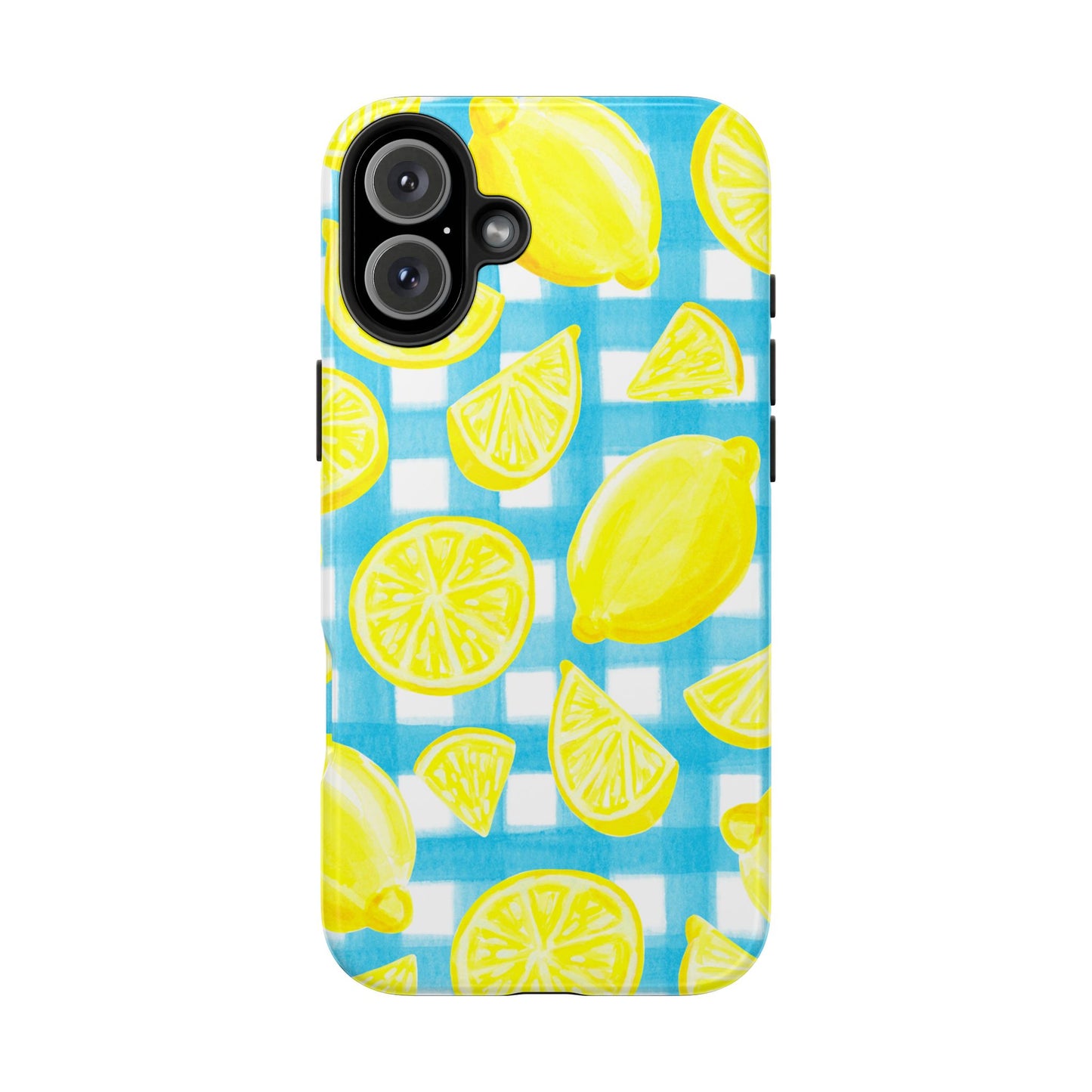 Yellow Lemons & Turquoise Gingham Watercolor Illustrated Tough Phone Case | Various Models Available