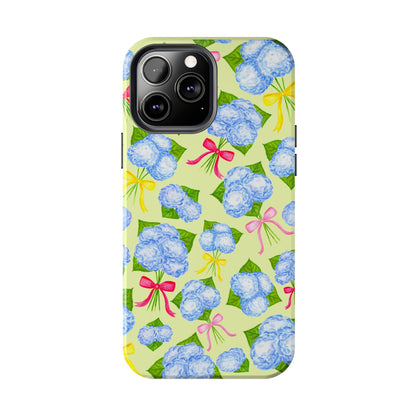 Blue Watercolor Hydrangea Bunches with Hot Pink, Yellow, Light Pink Bows Illustrated Patterned Yellow Tough Phone Case | Various Models