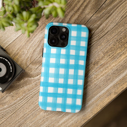 Turquoise Gingham Watercolor Illustrated Tough Phone Case | Various Models Available