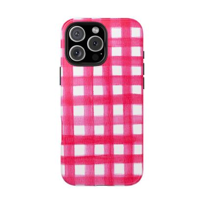 Hot Pink Gingham Watercolor Preppy Tough Phone Case | Various models iPhone 16 Pro Max