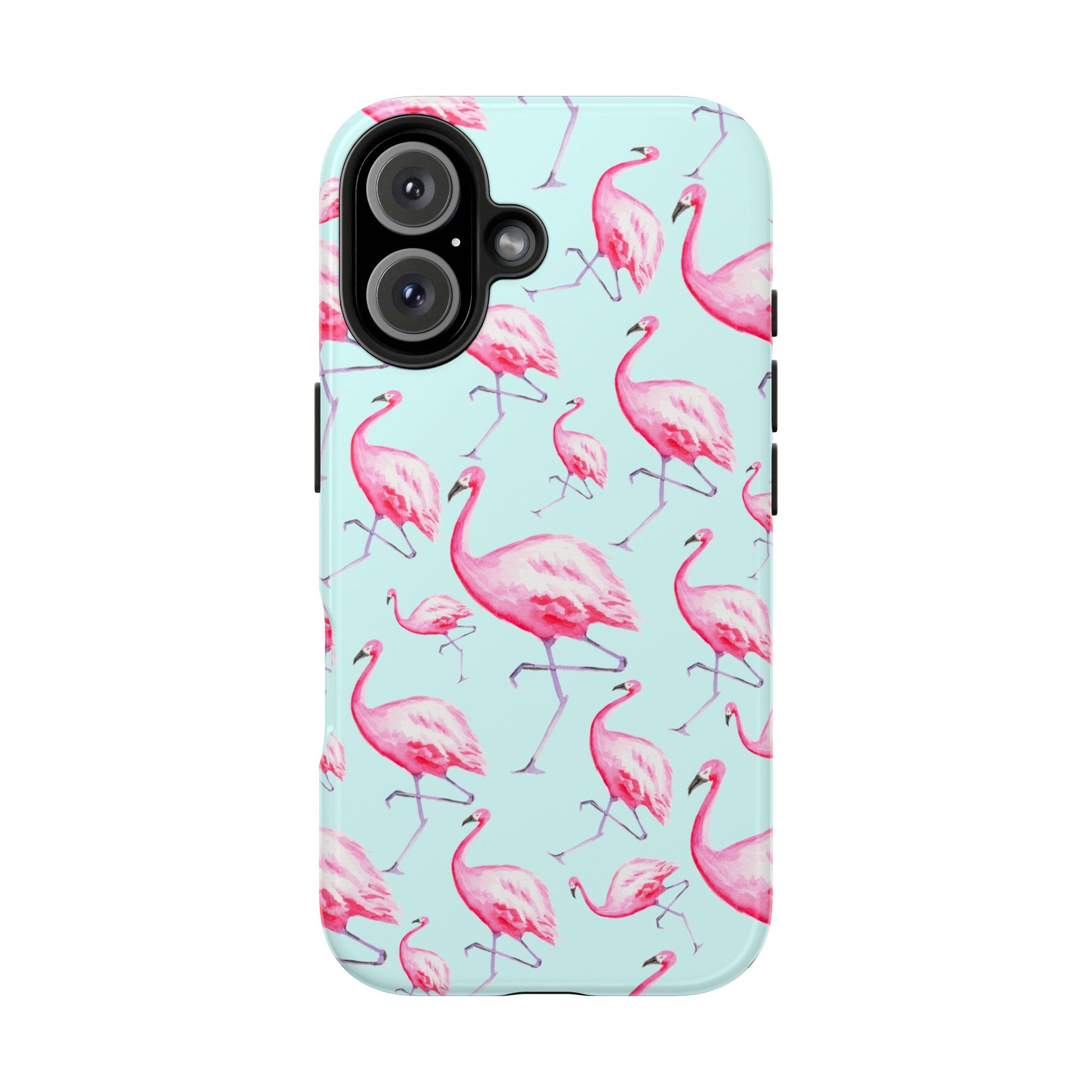 Pink Flamingos Watercolor Illustrated Tossed Pattern Blue Phone Case | Various Models iPhone 16