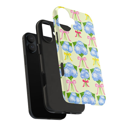 Blue Hydrangeas with Hot Pink, Yellow, Light Pink Bows Watercolor Illustrated Patterned Light Yellow Tough Phone Case | Various Models