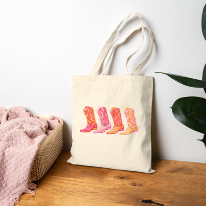 Canvas Tote | Row of Hot Pink and Orange Cowboy Boot Watercolor Illustrated Tote Bag | Western Preppy Gift | Coastal Cowgirl Market Tote