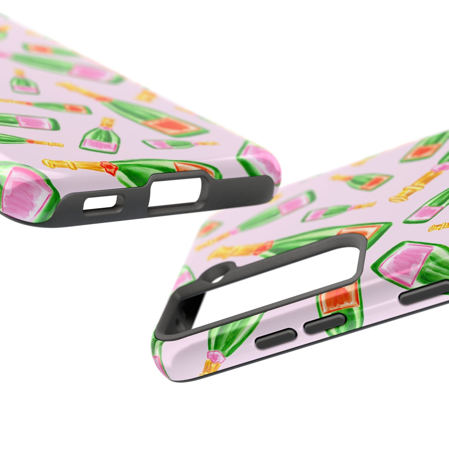 Tossed Pink and Green & Orange and Green Watercolor Illustrated Champagne Bottles Pattern Blush Pink Tough Phone Case | Various Models