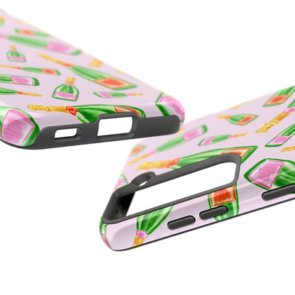 Tossed Pink and Green & Orange and Green Watercolor Illustrated Champagne Bottles Pattern Blush Pink Tough Phone Case | Various Models