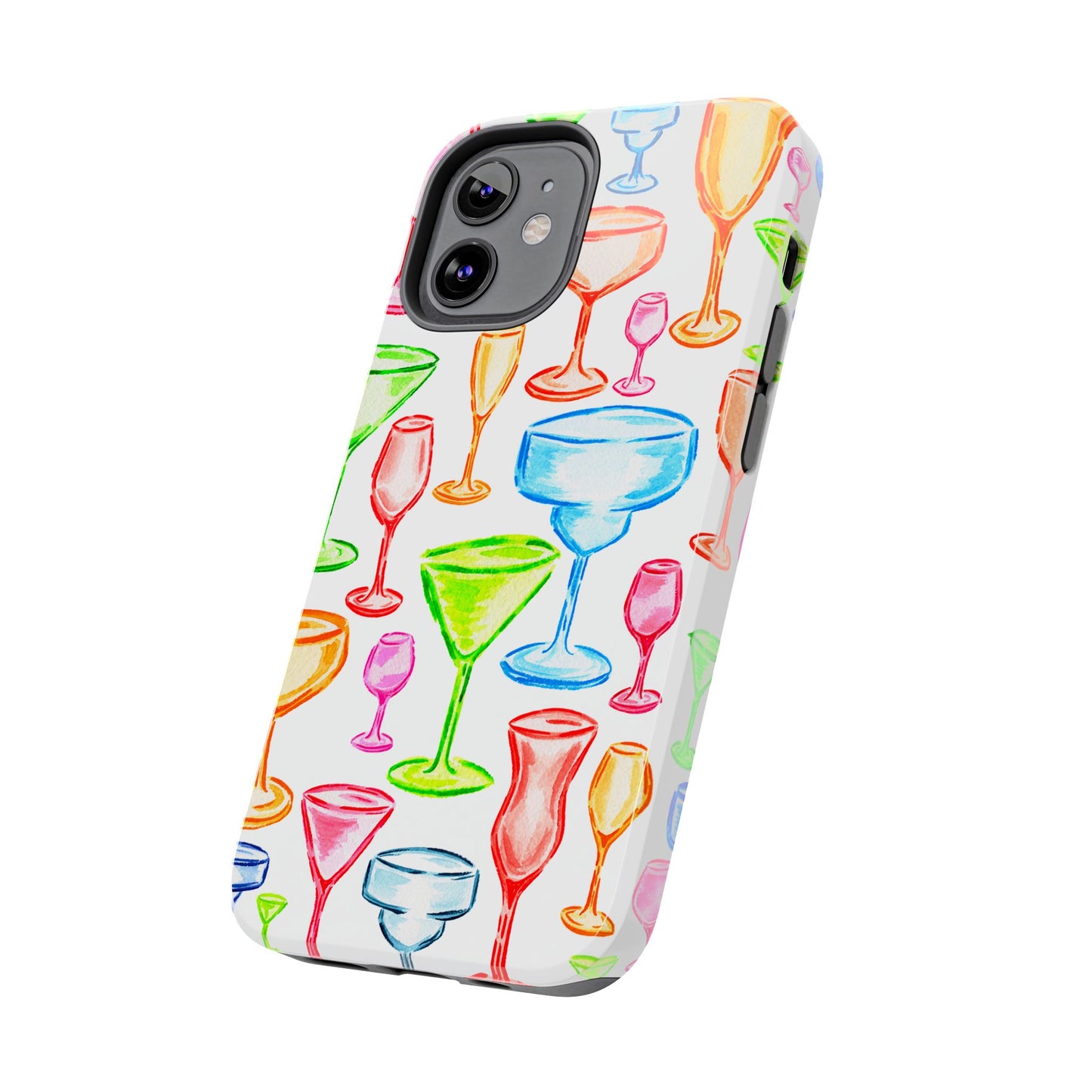 Monochromatic Margarita, Wine, Martini, and Champagne Flute Cocktail Glasses Watercolor Illustrated Tough Phone Case | Various Models Available