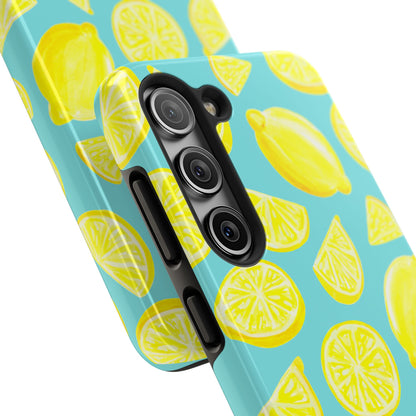 Bright Yellow Lemons Watercolor Illustrated Tossed Pattern Turquoise Blue Tough Phone Case | Various Models