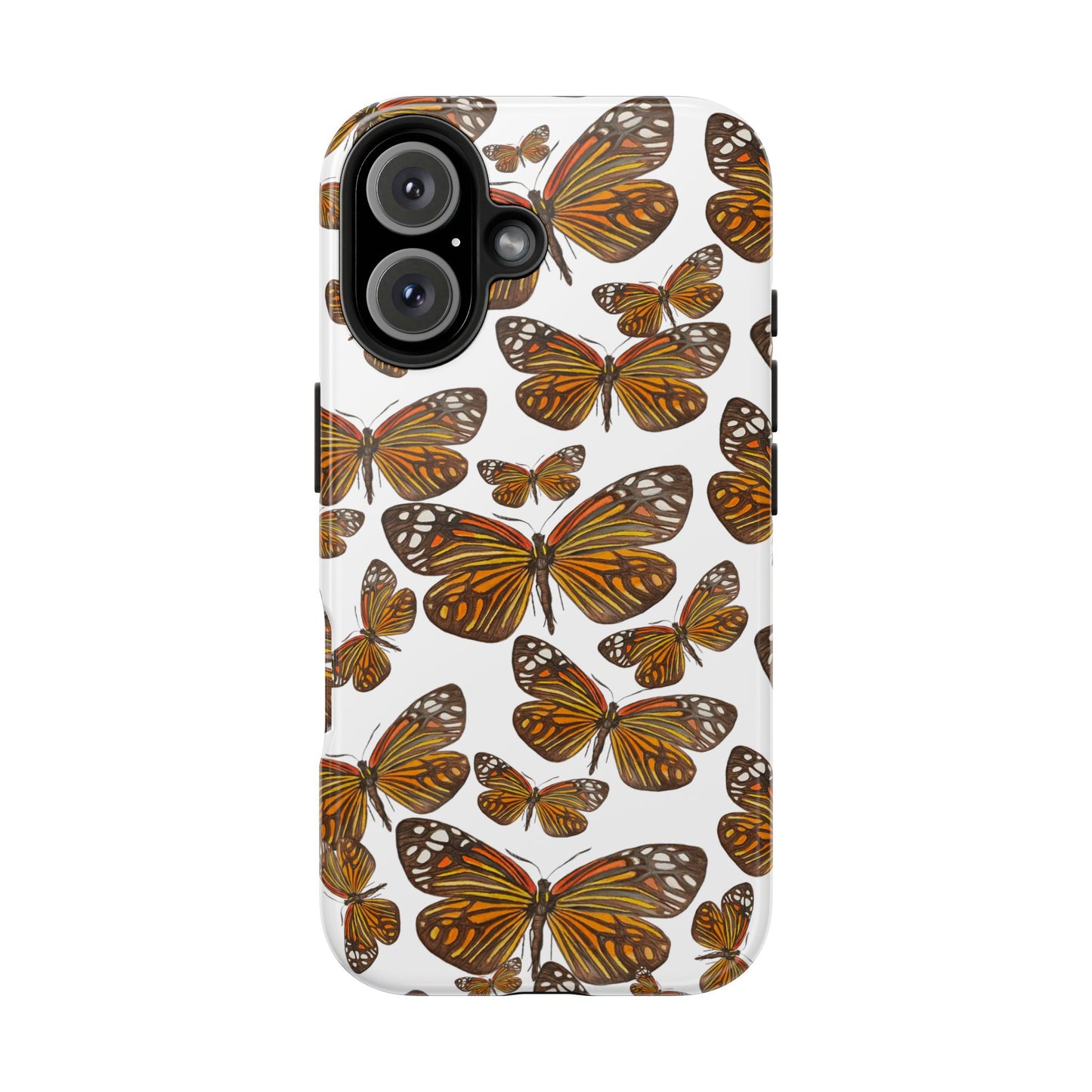 Black & Orange Butterfly Watercolor Illustrated Tossed Pattern Tough Phone Case | Various Models iPhone 16