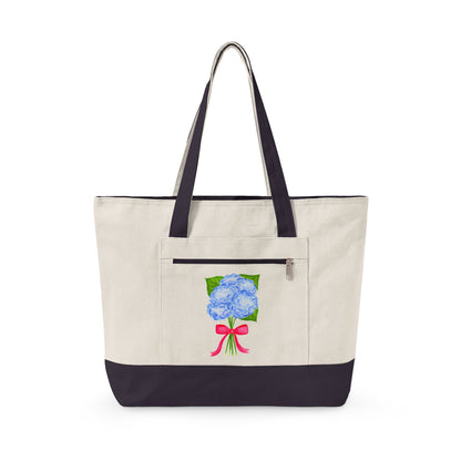 Blue Watercolor Hydrangeas with Hot Pink Bow Illustration Printed Zippered Canvas Tote 18" x 14" | Various Colors