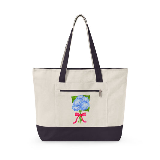 Blue Watercolor Hydrangeas with Hot Pink Bow Illustration Printed Zippered Canvas Tote 18" x 14" | Various Colors