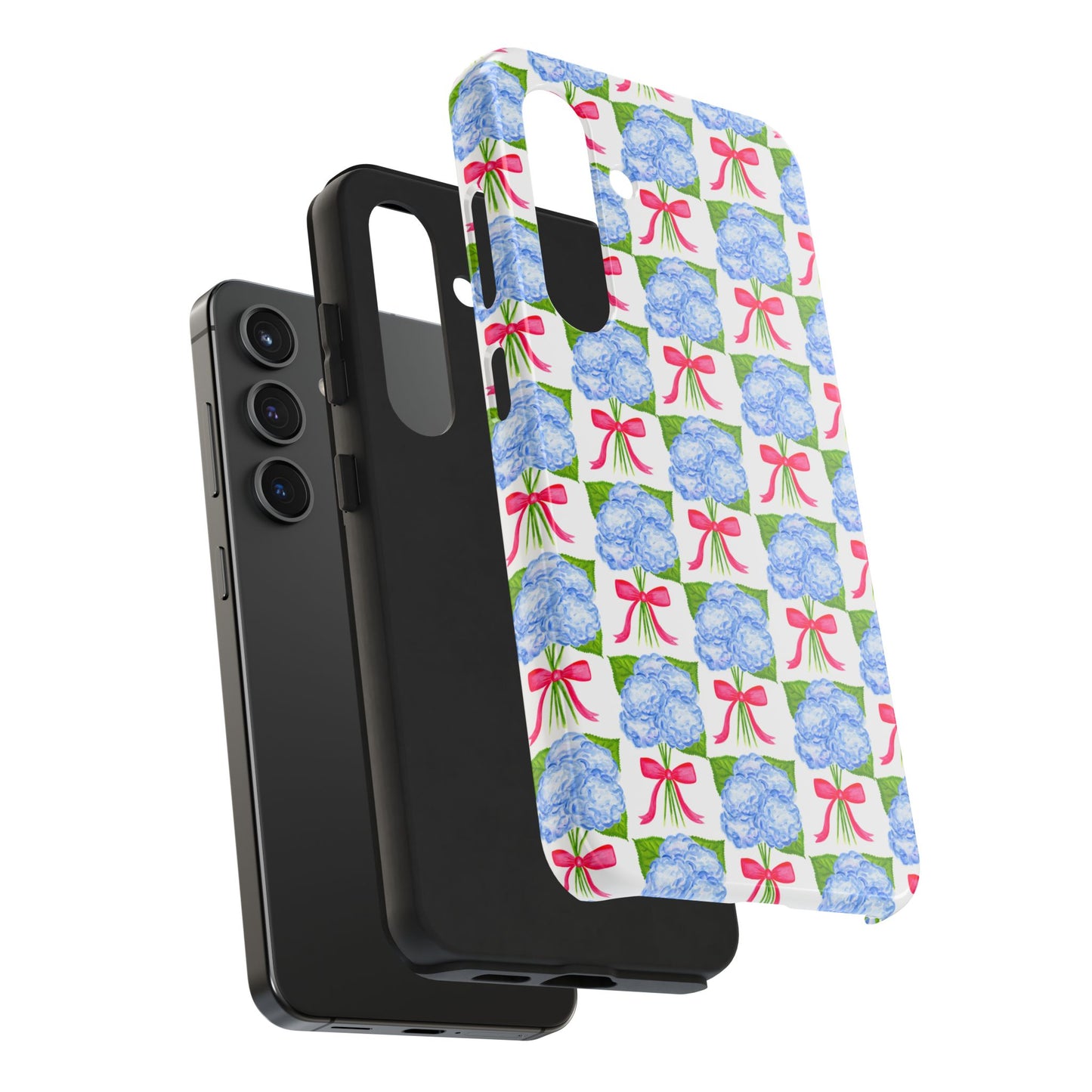 Blue Watercolor Hydrangea Bouquets with Hot Pink Bows Illustrated Patterned Tough Phone Case | Various Models