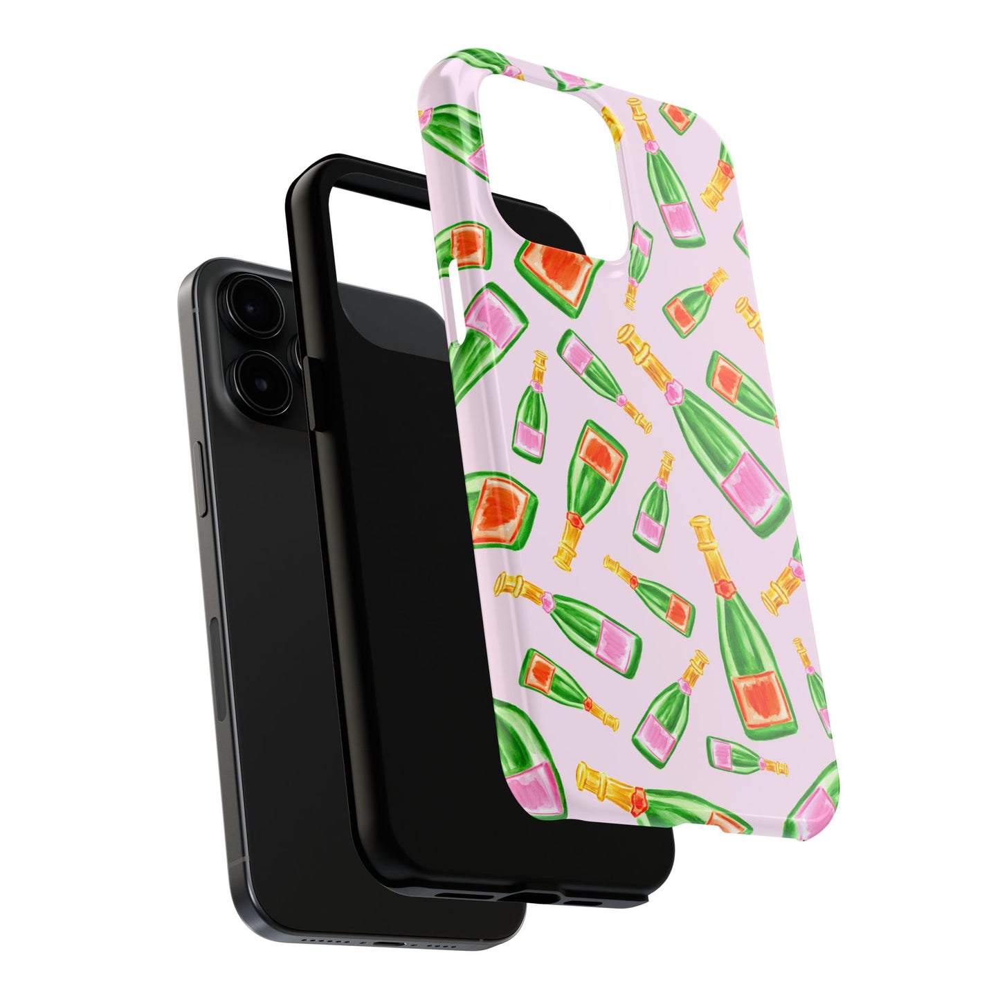 Tossed Pink and Green & Orange and Green Watercolor Illustrated Champagne Bottles Pattern Blush Pink Tough Phone Case | Various Models