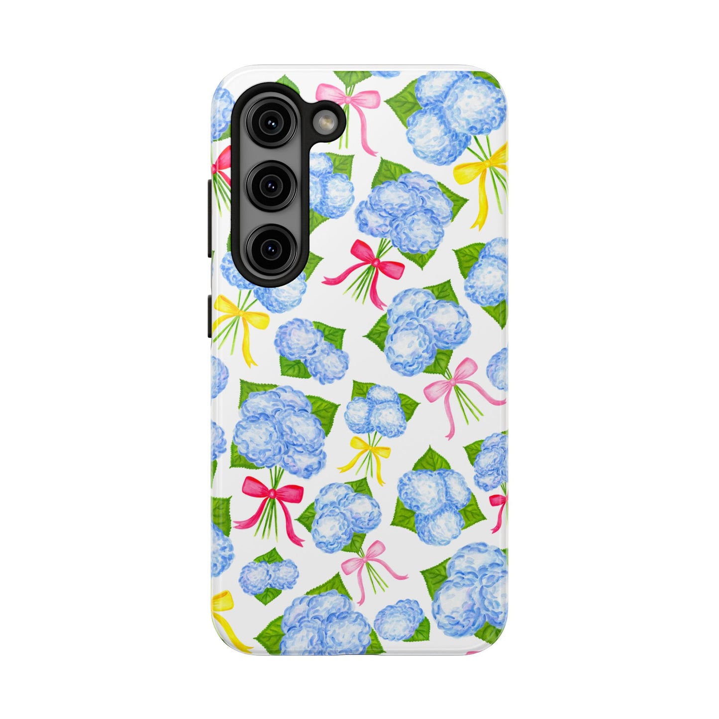 Blue Watercolor Hydrangea Bunches with Hot Pink, Yellow, Light Pink Bows Illustrated Patterned Tough Phone Case | Various Models