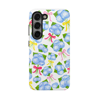 Blue Watercolor Hydrangea Bunches with Hot Pink, Yellow, Light Pink Bows Illustrated Patterned Tough Phone Case | Various Models
