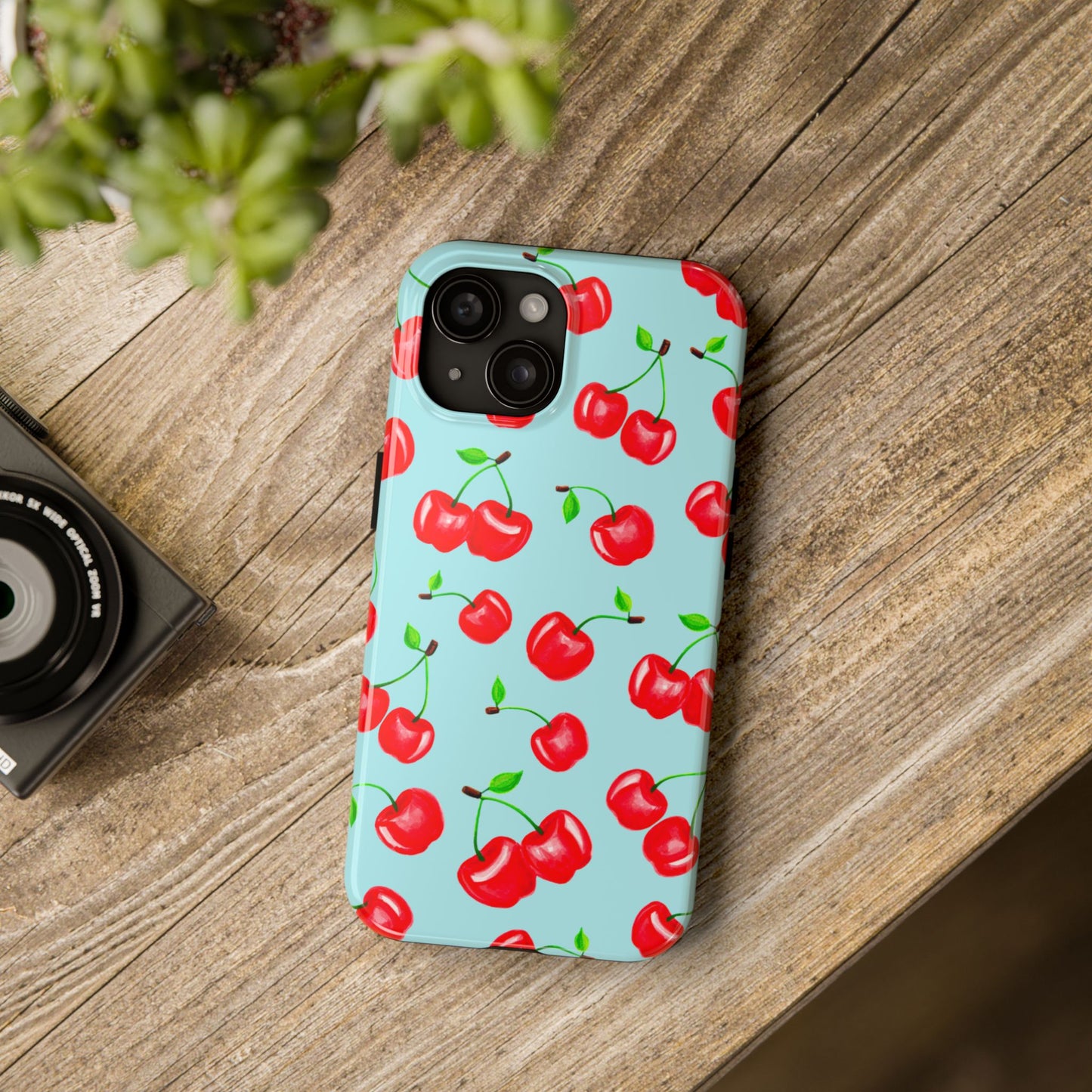 Tossed Red Watercolor Cherries Illustrated Pattern Bright Blue Tough Phone Case | Various Models