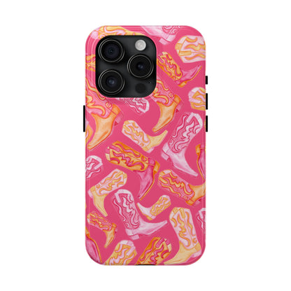 Tossed Hot Pink & Orange Watercolor Cowboy Boots Hot Pink Tough Phone Cases | Various Models iPhone 15 Pro