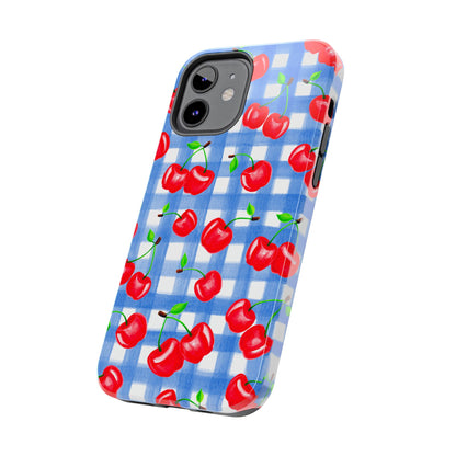Tossed Red Watercolor Illustrated Cherries Light Blue Gingham Tough Phone Case | Various Models