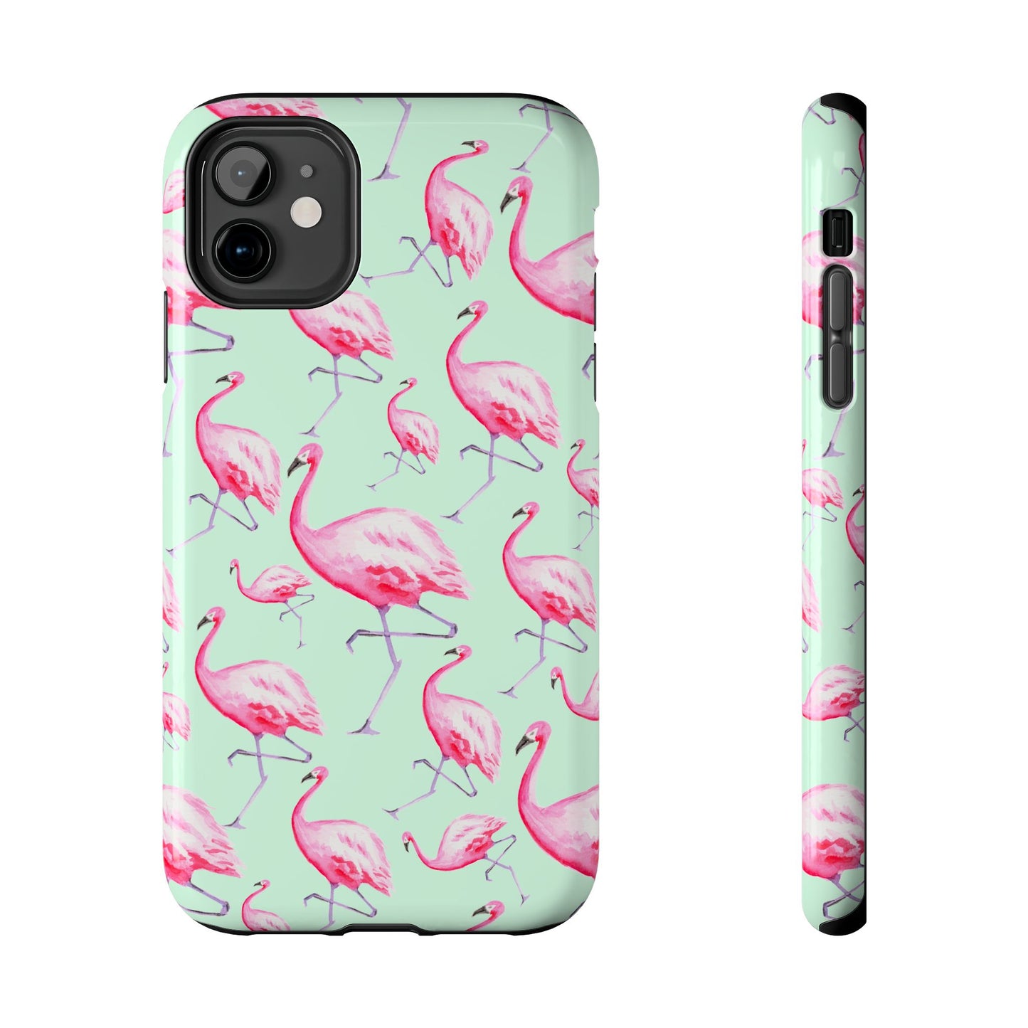 Pink Flamingos Watercolor Illustrated Tossed Pattern Green Phone Case | Various Models iPhone 11