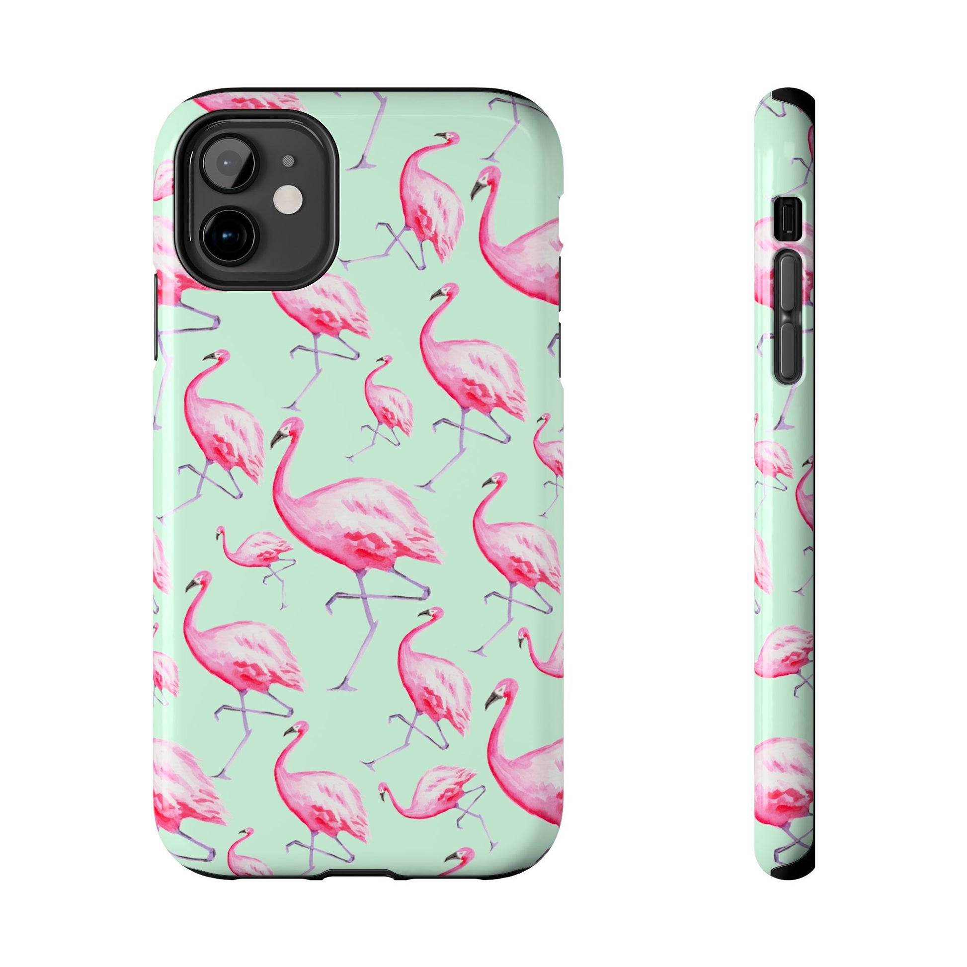 Pink Flamingos Watercolor Illustrated Tossed Pattern Green Phone Case | Various Models iPhone 11