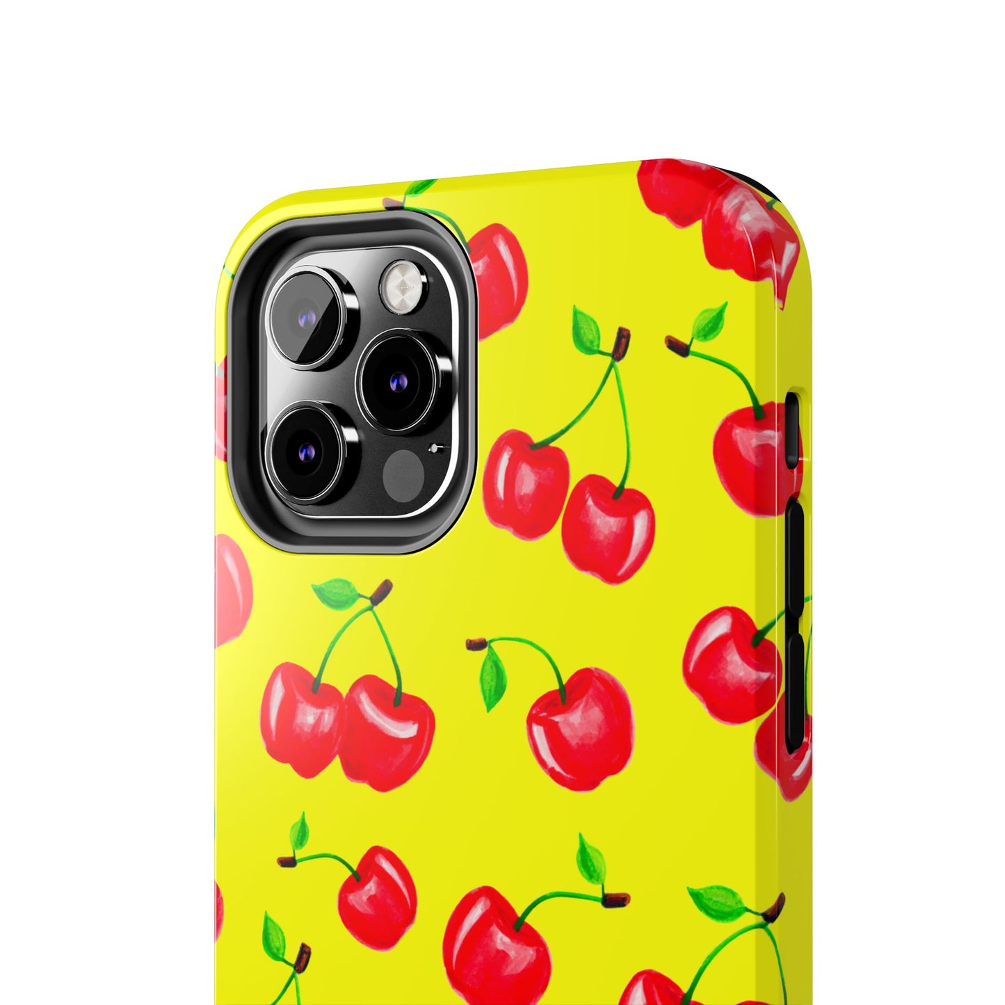 Tossed Red Watercolor Cherries Illustrated Pattern Bright Yellow Tough Phone Case | Various Models