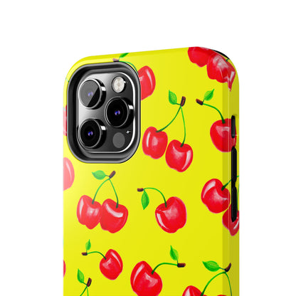 Tossed Red Watercolor Cherries Illustrated Pattern Bright Yellow Tough Phone Case | Various Models