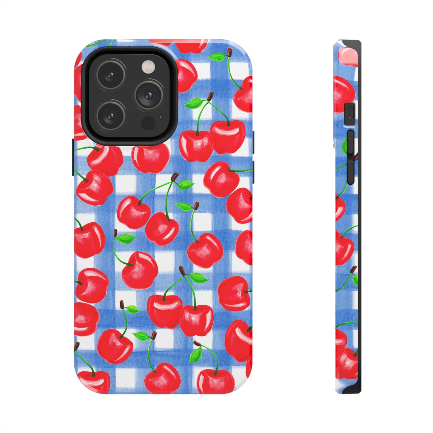 Tossed Red Cherries Blue Gingham Checkered Watercolor Illustrated Tough Phone Case | Various Models
