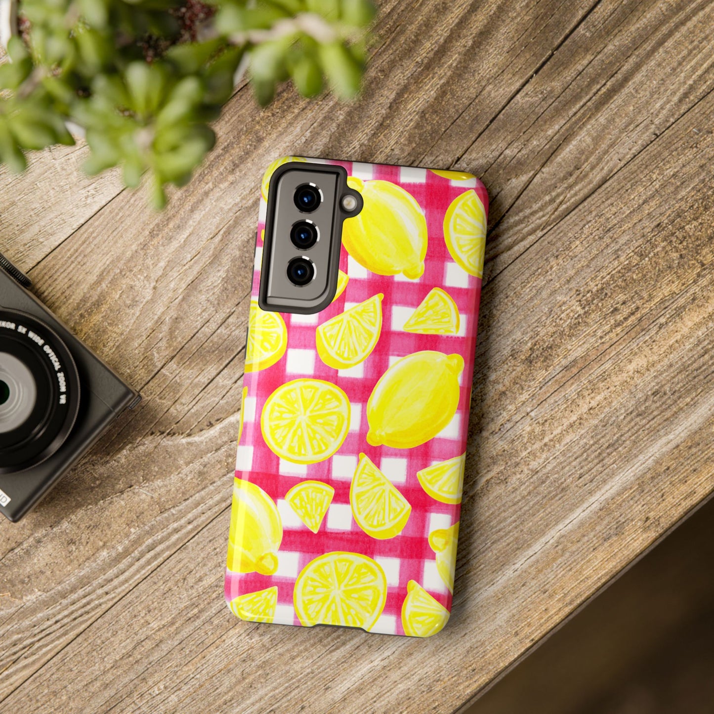 Yellow Lemons & Hot Pink Gingham Watercolor Illustrated Tough Phone Case | Various Models Available