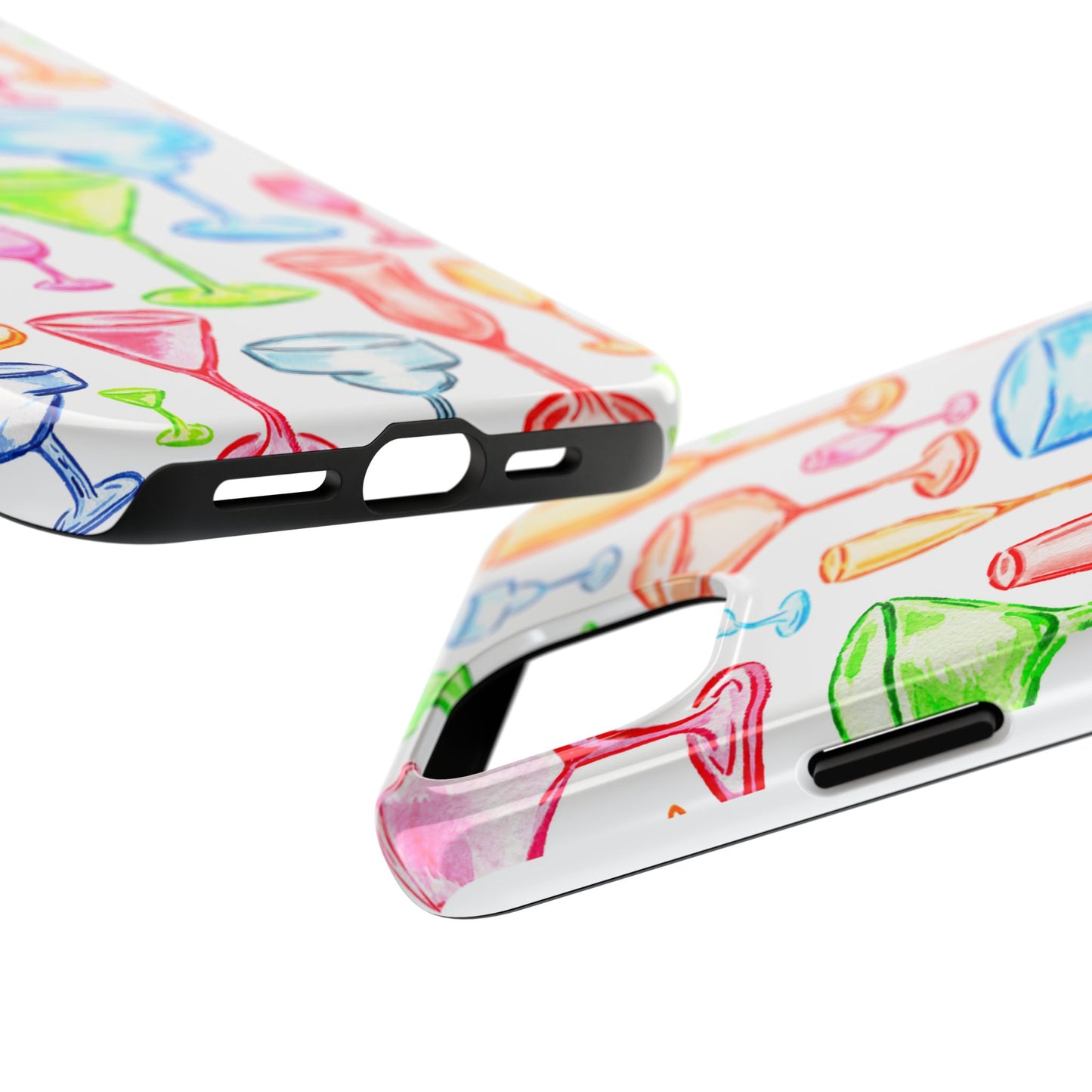 Monochromatic Margarita, Wine, Martini, and Champagne Flute Cocktail Glasses Watercolor Illustrated Tough Phone Case | Various Models Available