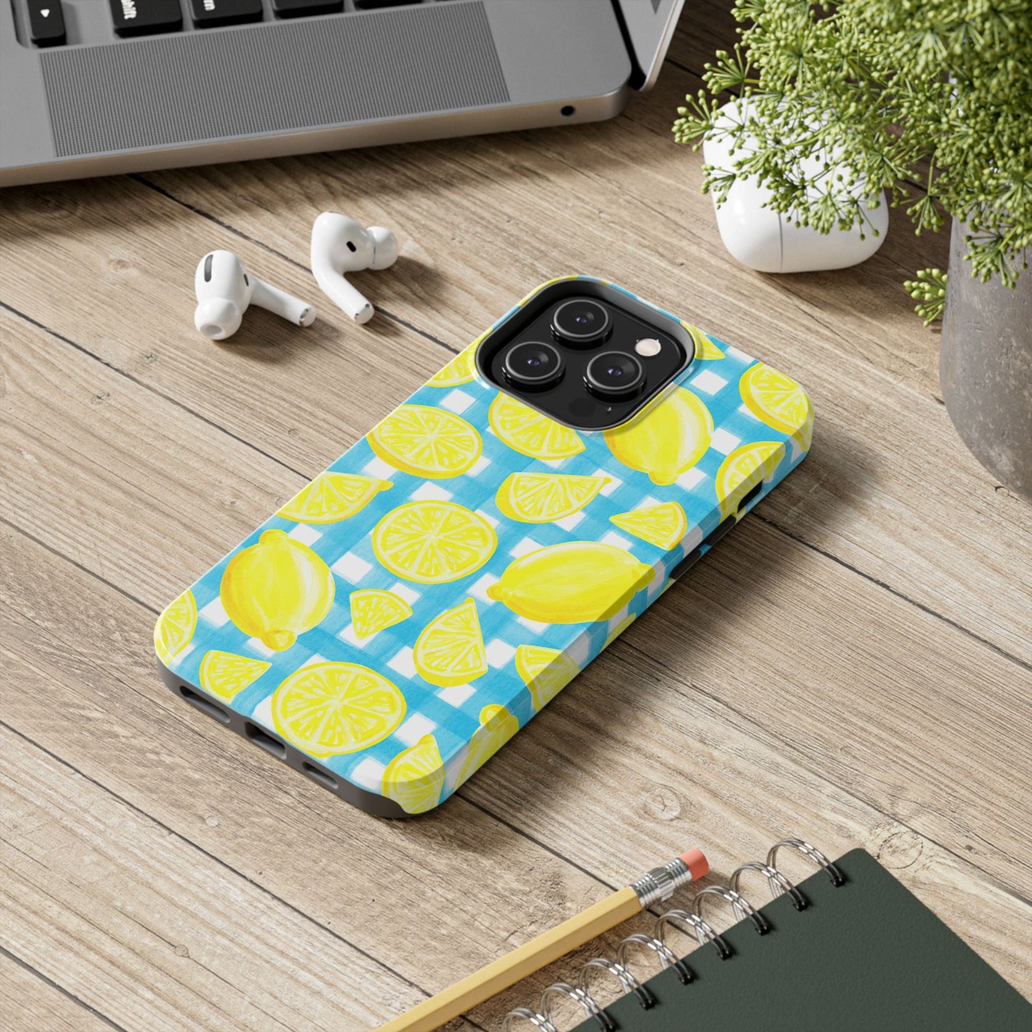 Bright Yellow Lemons Watercolor Illustrated Tossed Pattern Turquoise Gingham Tough Phone Case | Various Models