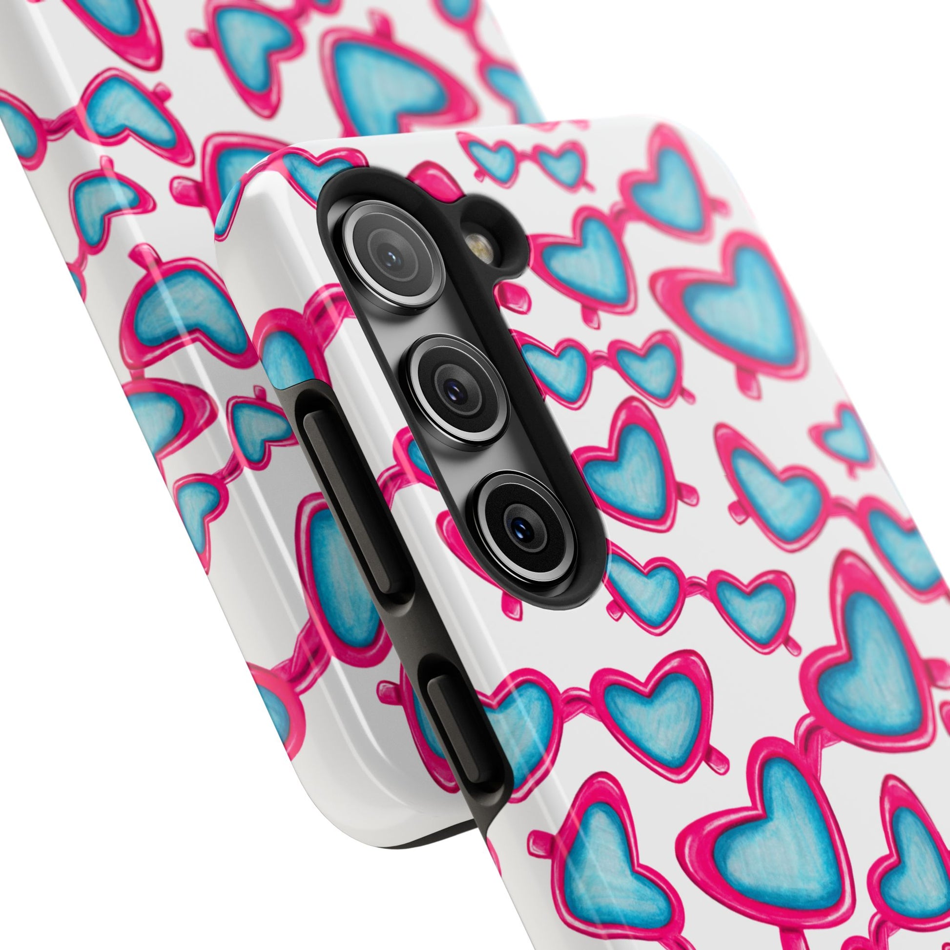Pink & Blue Heart Shaped Sunglasses Watercolor Illustrated Tossed Pattern Tough Case | Various Models