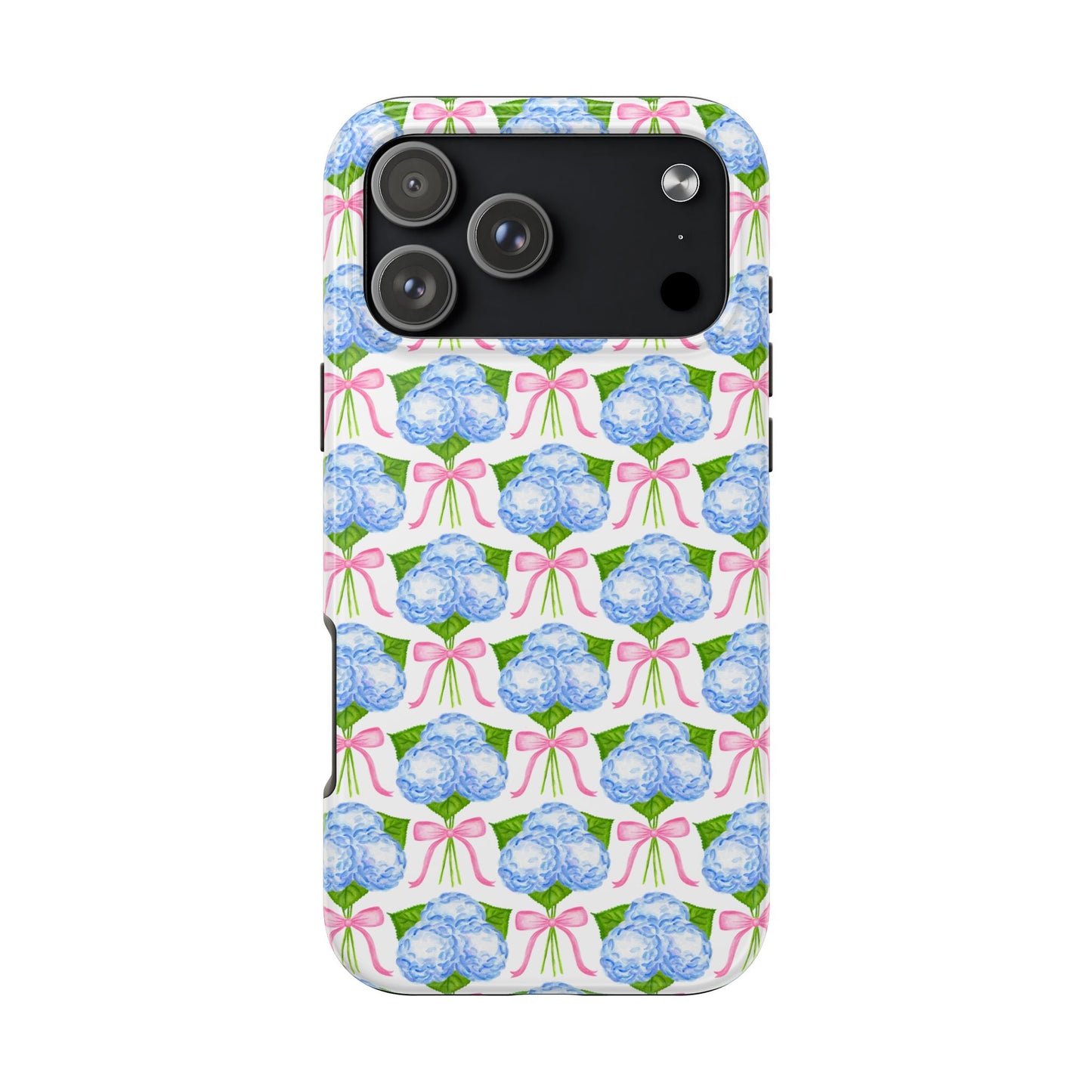 Blue Watercolor Hydrangea Bouqets with Light Pink Bows Watercolor Illustrated Patterned Tough Phone Case | Various Models