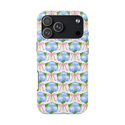 Blue Watercolor Hydrangea Bouqets with Light Pink Bows Watercolor Illustrated Patterned Tough Phone Case | Various Models
