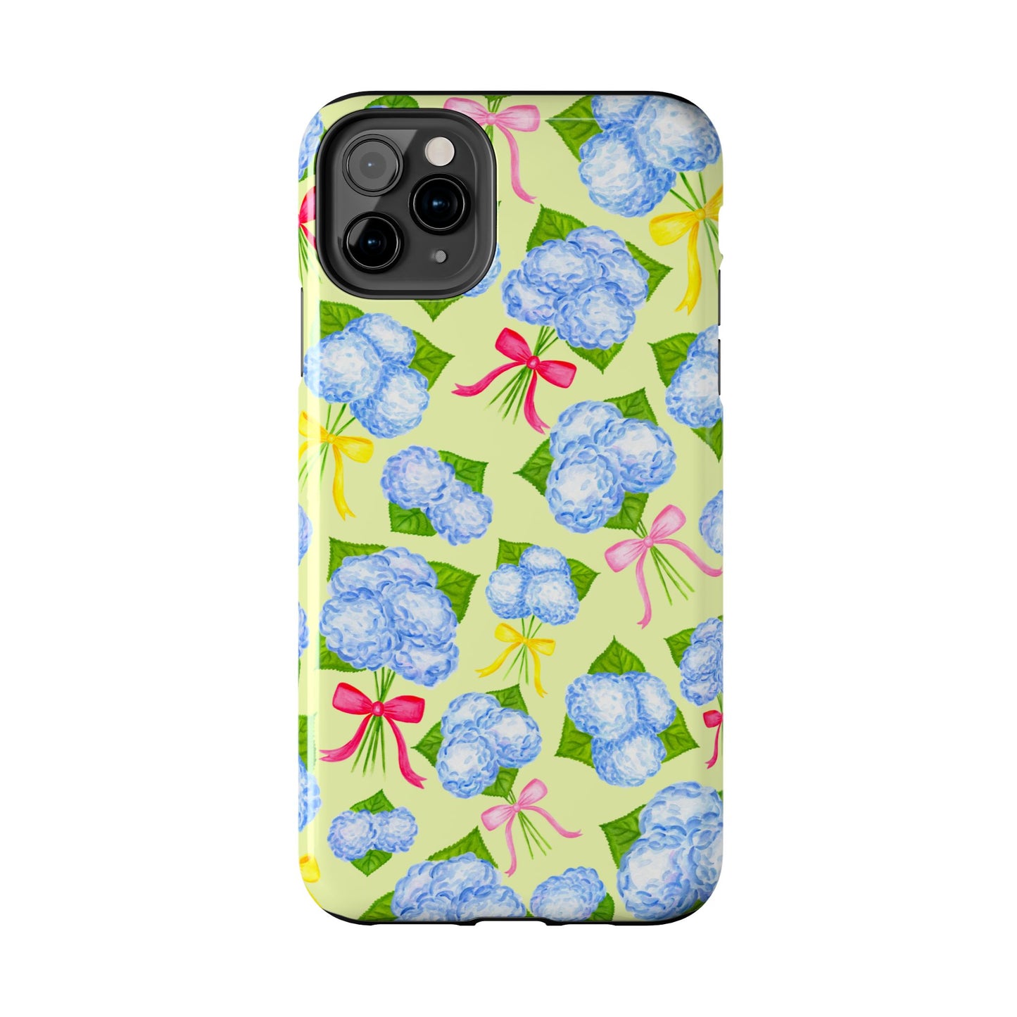 Blue Watercolor Hydrangea Bunches with Hot Pink, Yellow, Light Pink Bows Illustrated Patterned Yellow Tough Phone Case | Various Models
