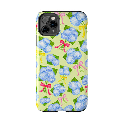 Blue Watercolor Hydrangea Bunches with Hot Pink, Yellow, Light Pink Bows Illustrated Patterned Yellow Tough Phone Case | Various Models