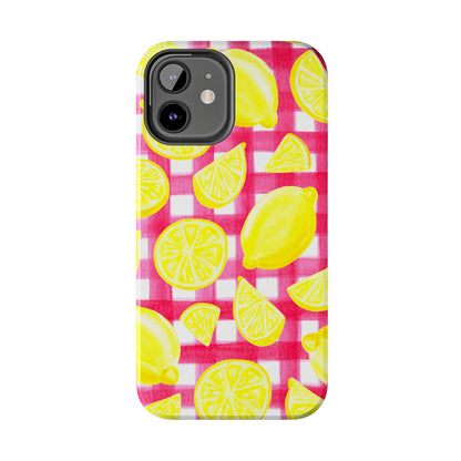 Yellow Lemons & Hot Pink Gingham Watercolor Illustrated Tough Phone Case | Various Models Available
