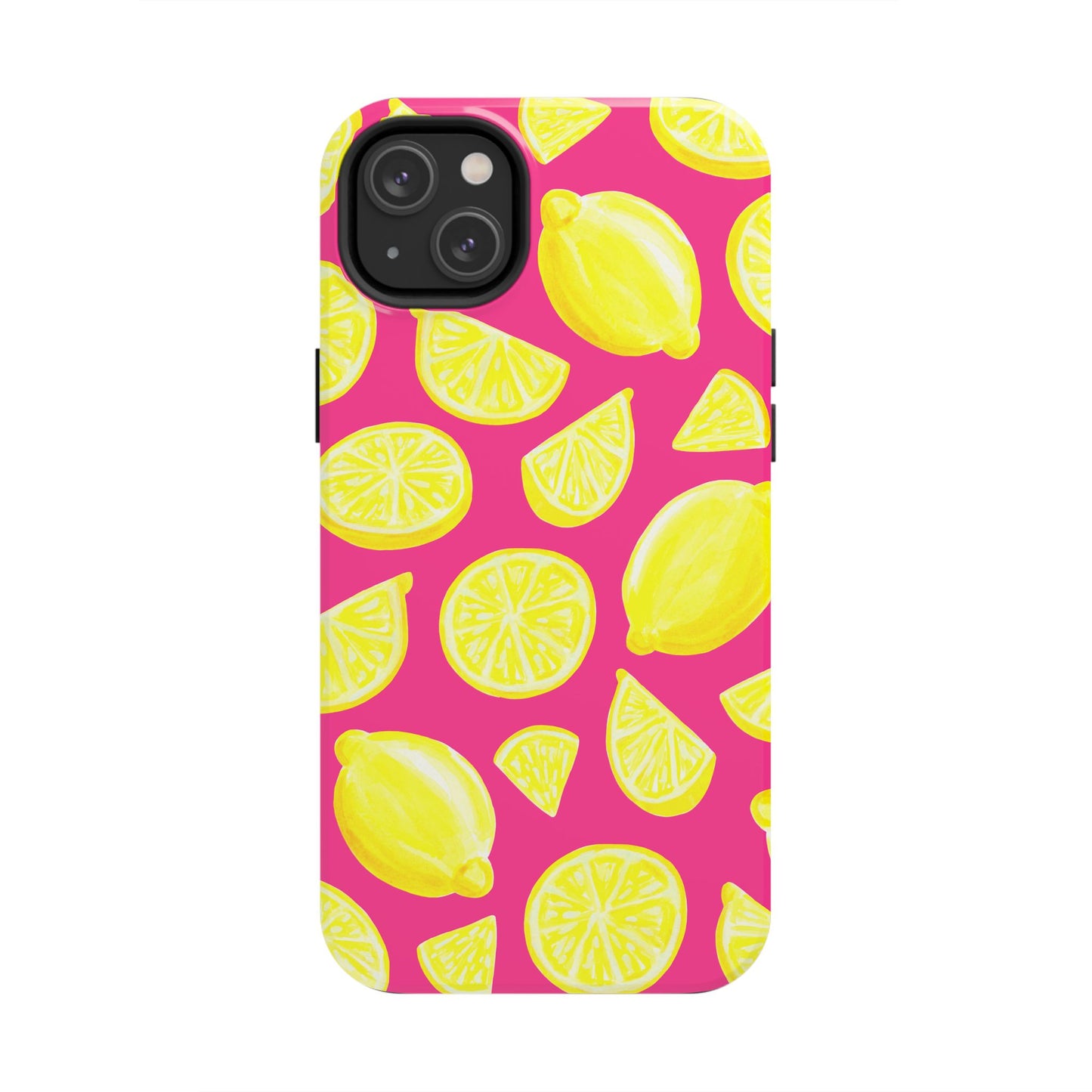 Bright Yellow Lemons Watercolor Illustrated Tossed Pattern Watermelon Pink Tough Phone Case | Various Models
