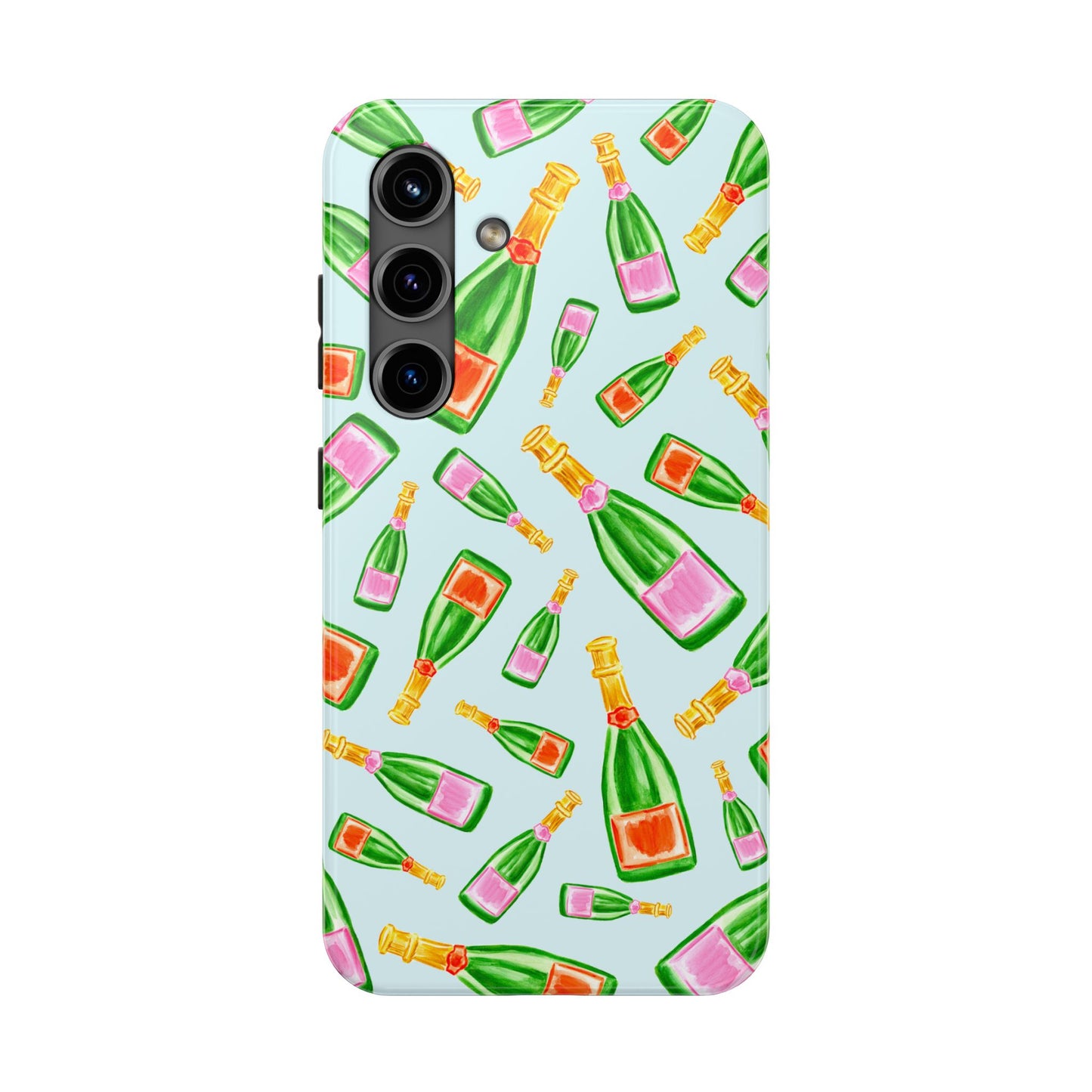 Tossed Pink and Green & Orange and Green Watercolor Illustrated Champagne Bottles Pattern Light Blue Tough Phone Case | Various Models