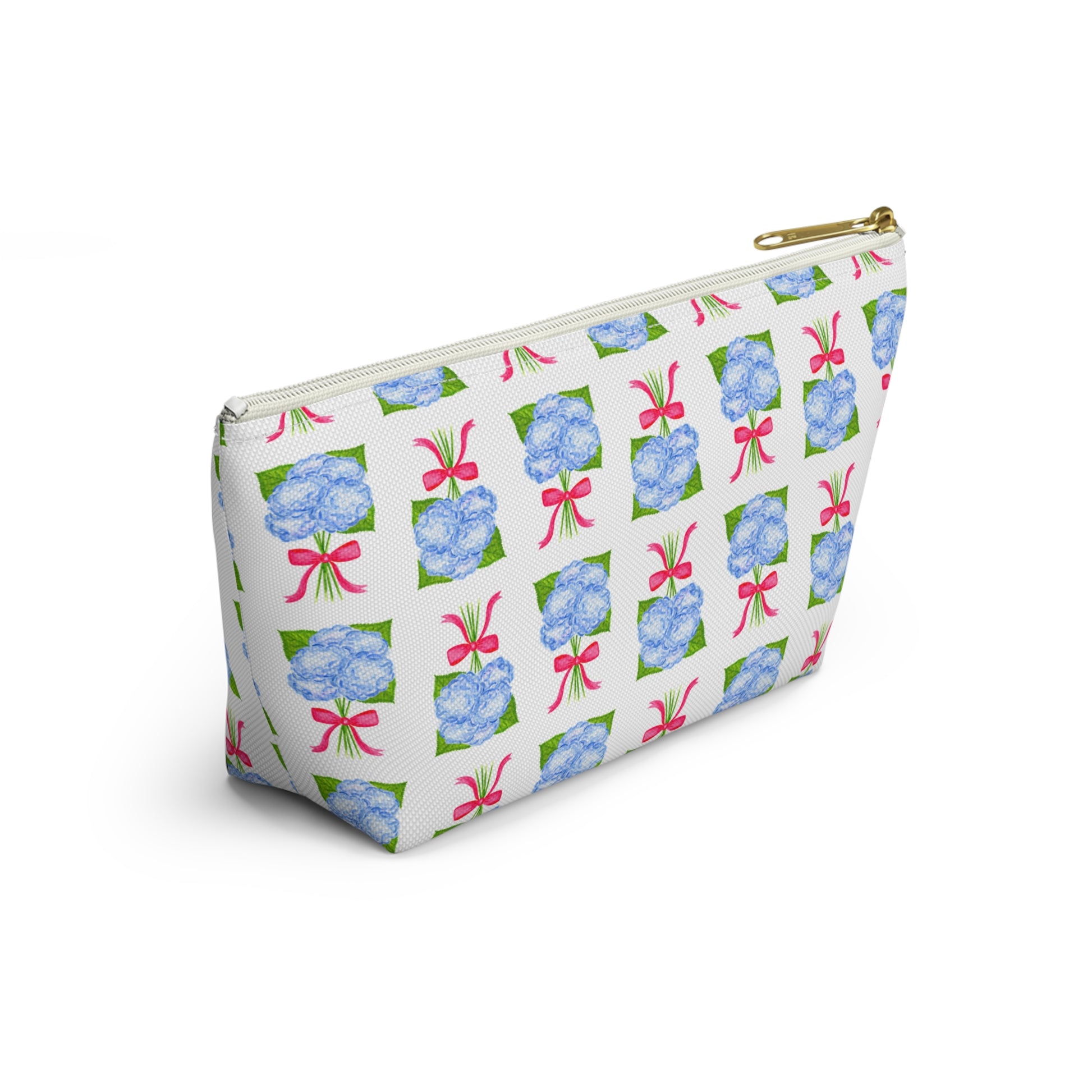 Blue Hydrangea Bouquets with Hot Pink Bows Watercolor Illustrated Printed Accessory Pouch T-Bottom | Large or Small