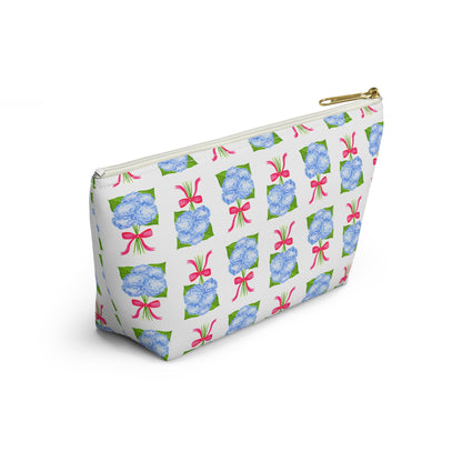 Blue Hydrangea Bouquets with Hot Pink Bows Watercolor Illustrated Printed Accessory Pouch T-Bottom | Large or Small