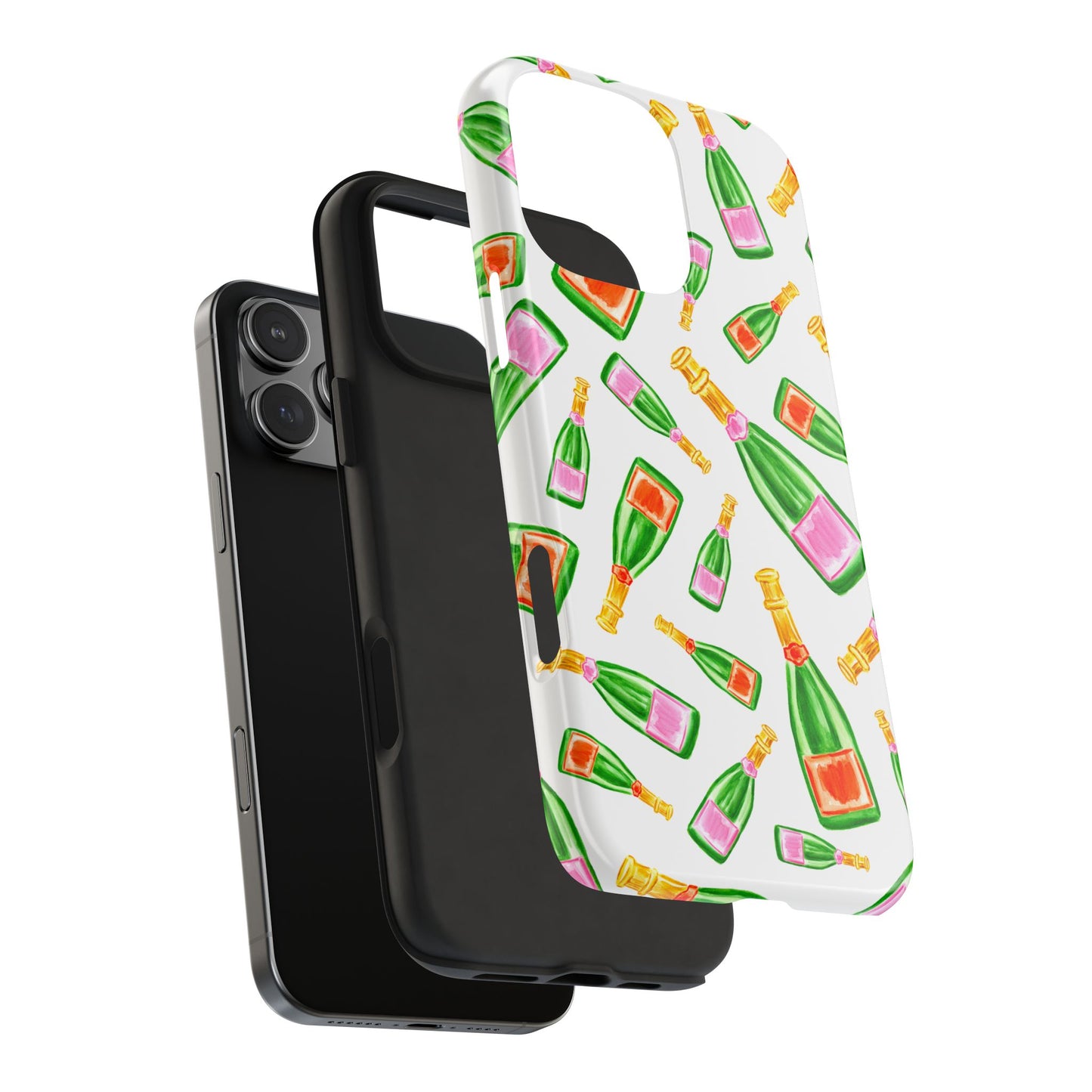 Tossed Pink and Green & Orange and Green Watercolor Illustrated Champagne Bottles Pattern Tough Phone Case | Various Models