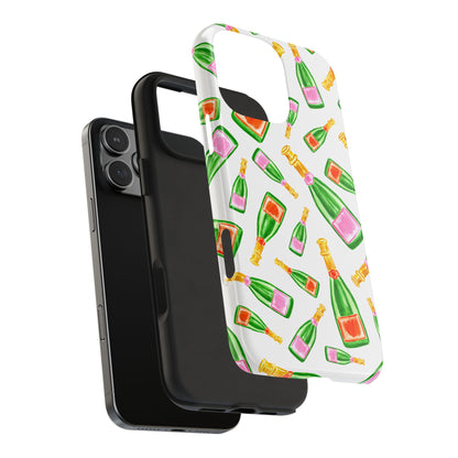 Tossed Pink and Green & Orange and Green Watercolor Illustrated Champagne Bottles Pattern Tough Phone Case | Various Models