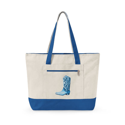 Navy Blue Cowboy Boot Watercolor Printed Zippered Canvas Tote 18" x 14" | Various Colors