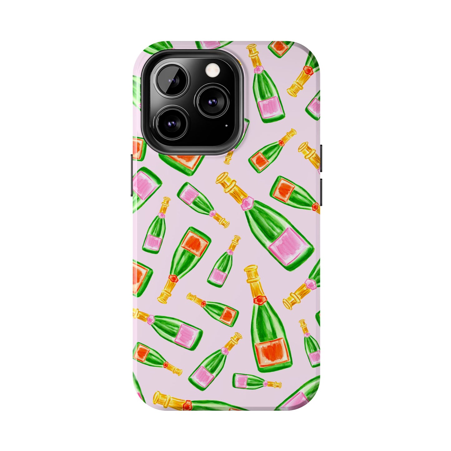 Tossed Pink and Green & Orange and Green Watercolor Illustrated Champagne Bottles Pattern Blush Pink Tough Phone Case | Various Models