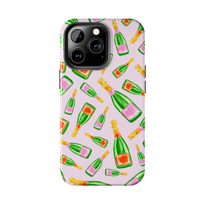 Tossed Pink and Green & Orange and Green Watercolor Illustrated Champagne Bottles Pattern Blush Pink Tough Phone Case | Various Models