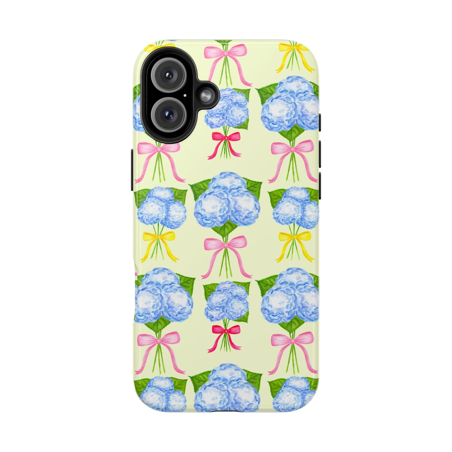 Blue Hydrangeas with Hot Pink, Yellow, Light Pink Bows Watercolor Illustrated Patterned Light Yellow Tough Phone Case | Various Models