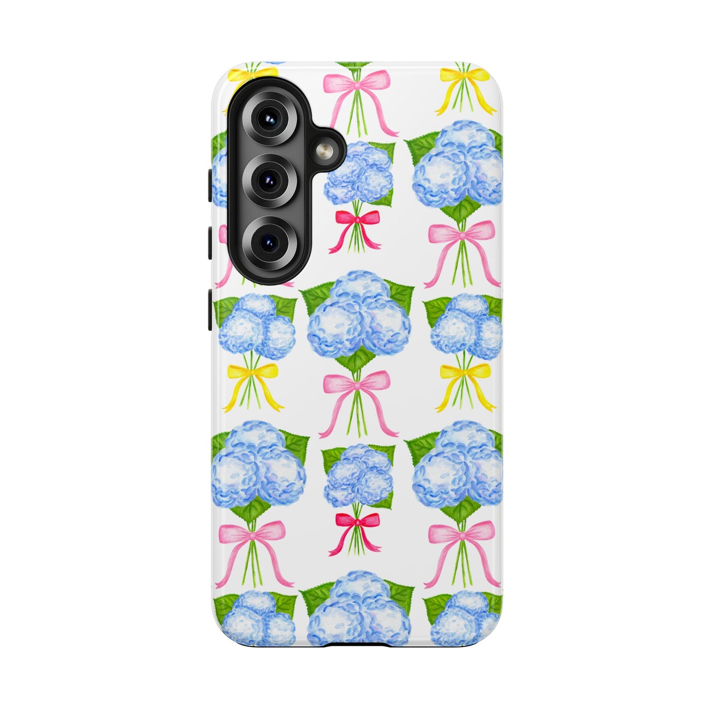 Blue Hydrangeas with Hot Pink, Yellow, Light Pink Bows Watercolor Illustrated Patterned Tough Phone Case | Various Models