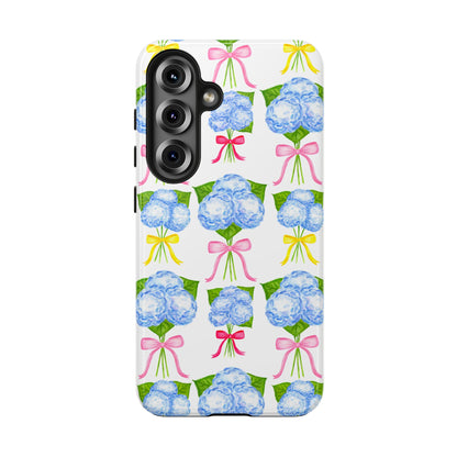 Blue Hydrangeas with Hot Pink, Yellow, Light Pink Bows Watercolor Illustrated Patterned Tough Phone Case | Various Models