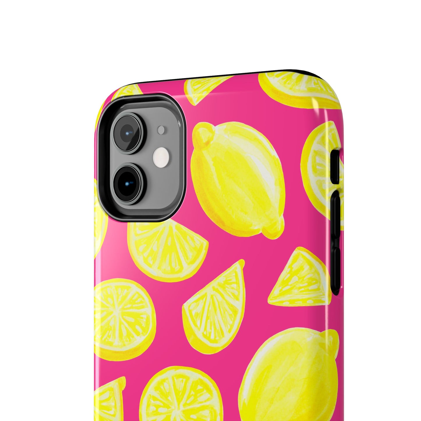 Bright Yellow Lemons Watercolor Illustrated Tossed Pattern Watermelon Pink Tough Phone Case | Various Models