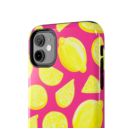 Bright Yellow Lemons Watercolor Illustrated Tossed Pattern Watermelon Pink Tough Phone Case | Various Models