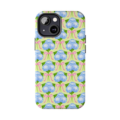 Blue Watercolor Hydrangea Bouquets with Light Pink Bows Watercolor Illustrated Patterned Yellow Tough Phone Case | Various Models